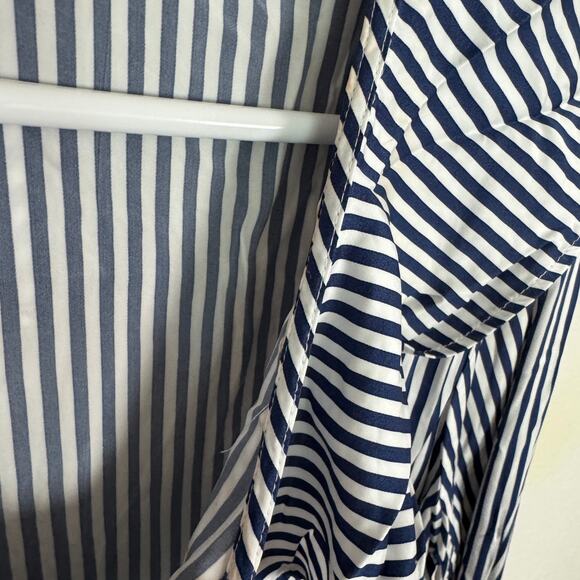 J.Crew Goldie Satin Top WMNS XS Navy White Striped Long Sleeve Ruffle Tie Neck - Picture 6 of 8